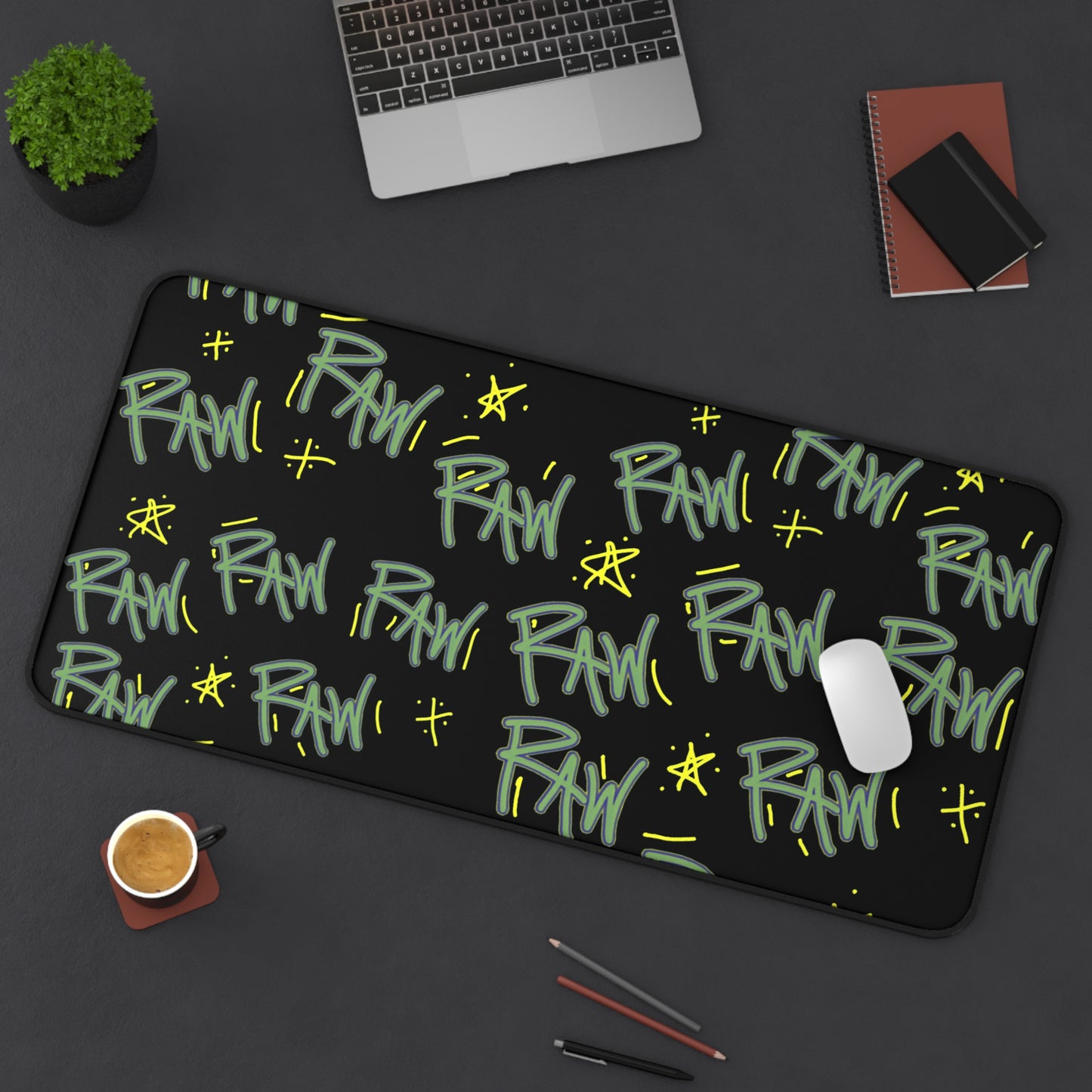 Graffiti Desk Mat -Black with 'Raw Print' for Creative Workspaces