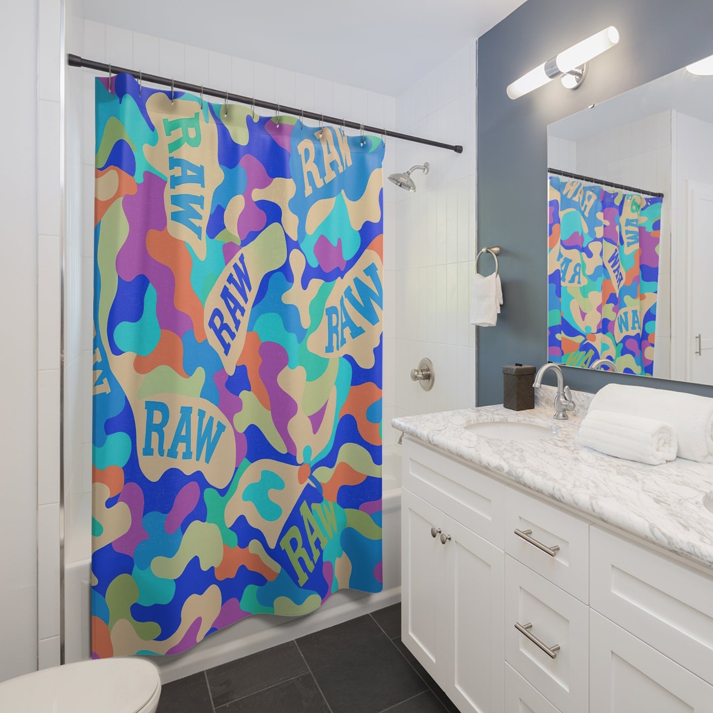 Raw+Sushi Shower Curtain "RAW CAMO" Print — Bold Retro Bathroom Décor