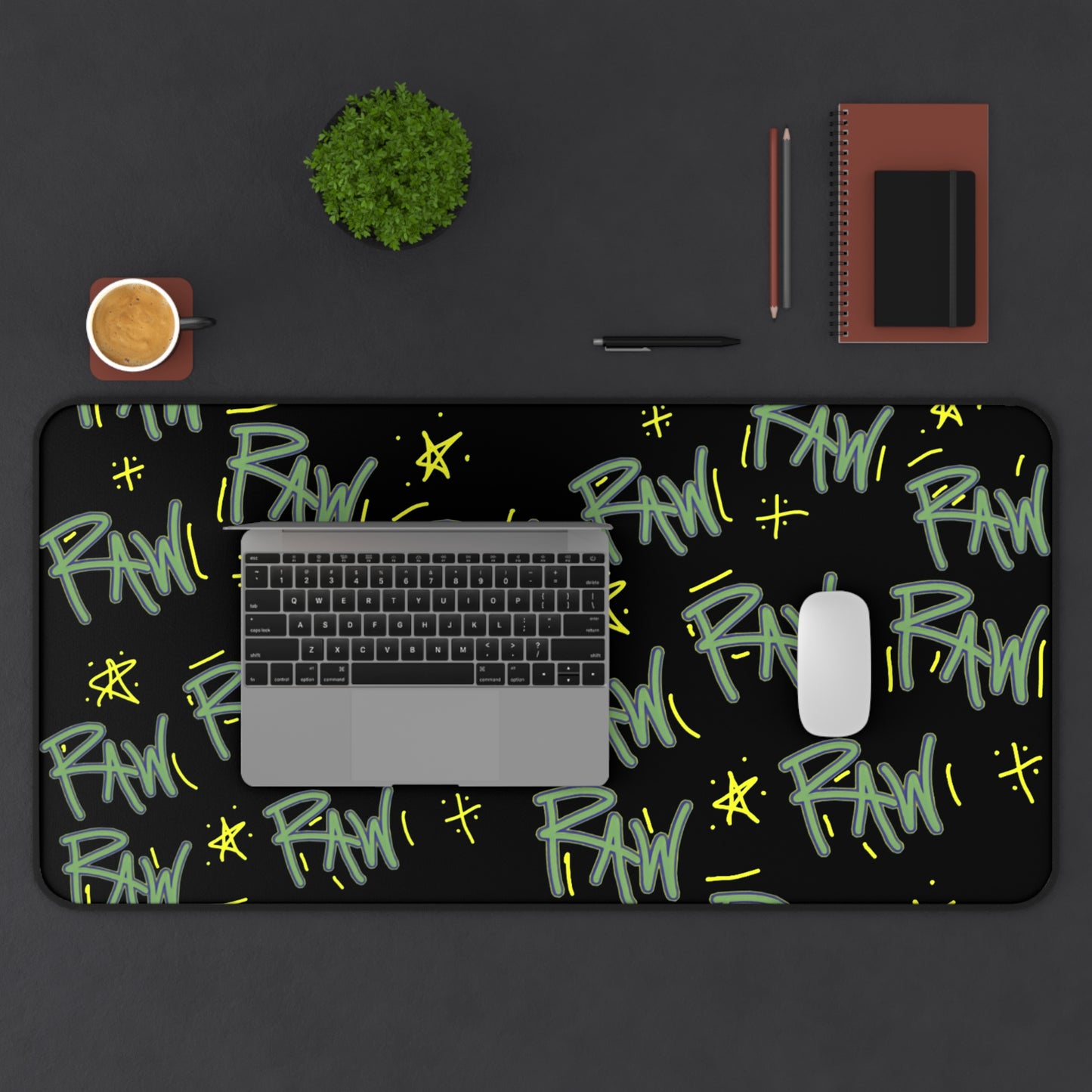 Graffiti Desk Mat -Black with 'Raw Print' for Creative Workspaces