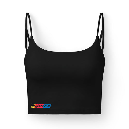 Raw+Sushi "Racer Pack 26'" Luxe Crop Bra — Sleek Black Strappy Bralette Bar Accent